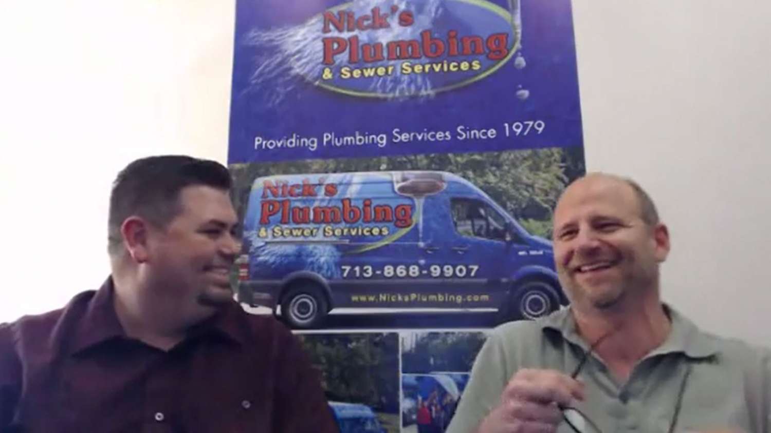 Two of Nick's Plumbing Experts in Houston Talking and Laughing