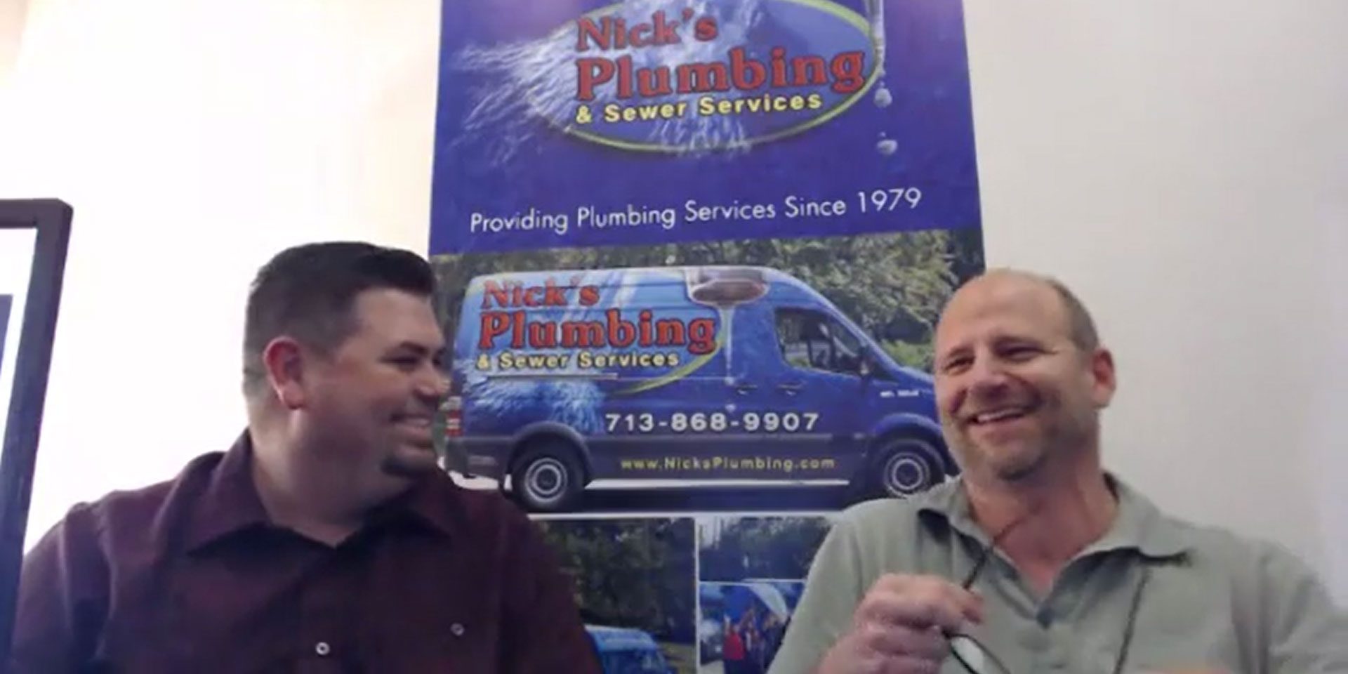 Two of Nick's Plumbing Experts in Houston Talking and Laughing