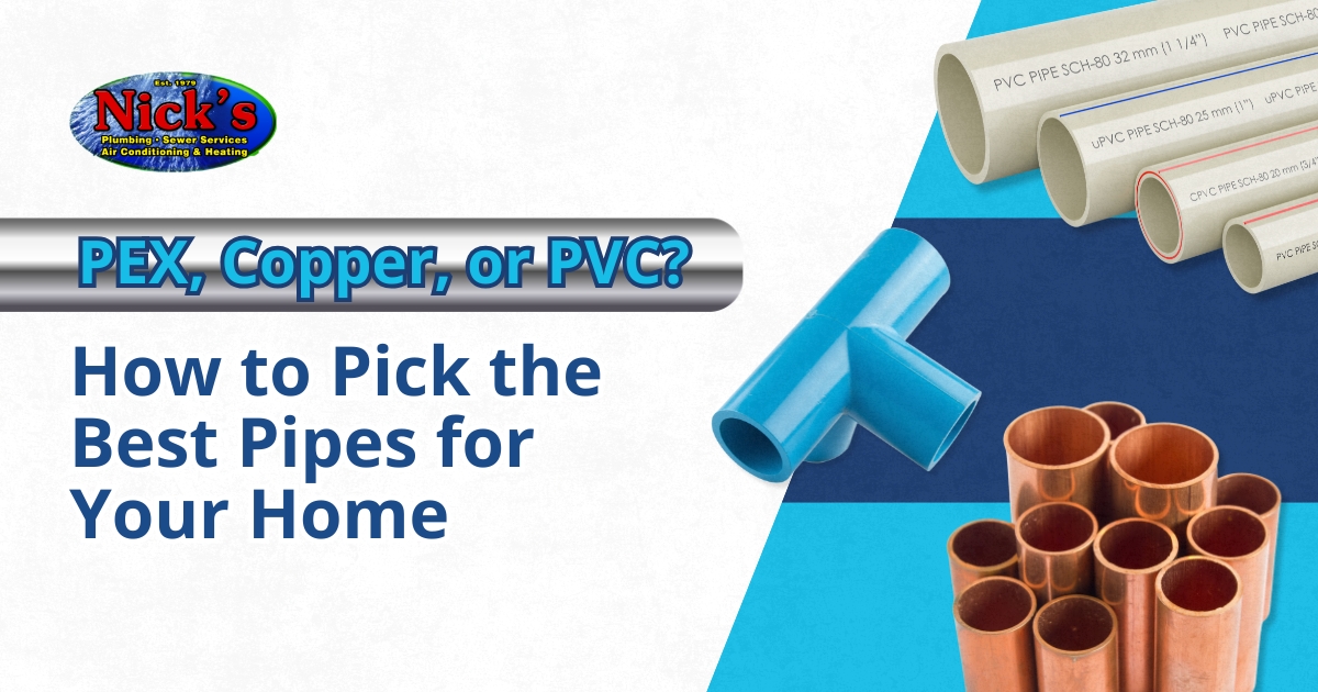 PEX, copper, and PVC plumbing pipes side by side showing material differences