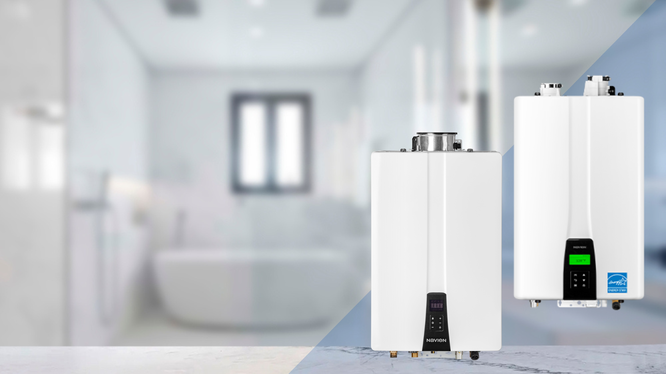Navien Tankless Water Heaters on a Blurred Bathroom Background