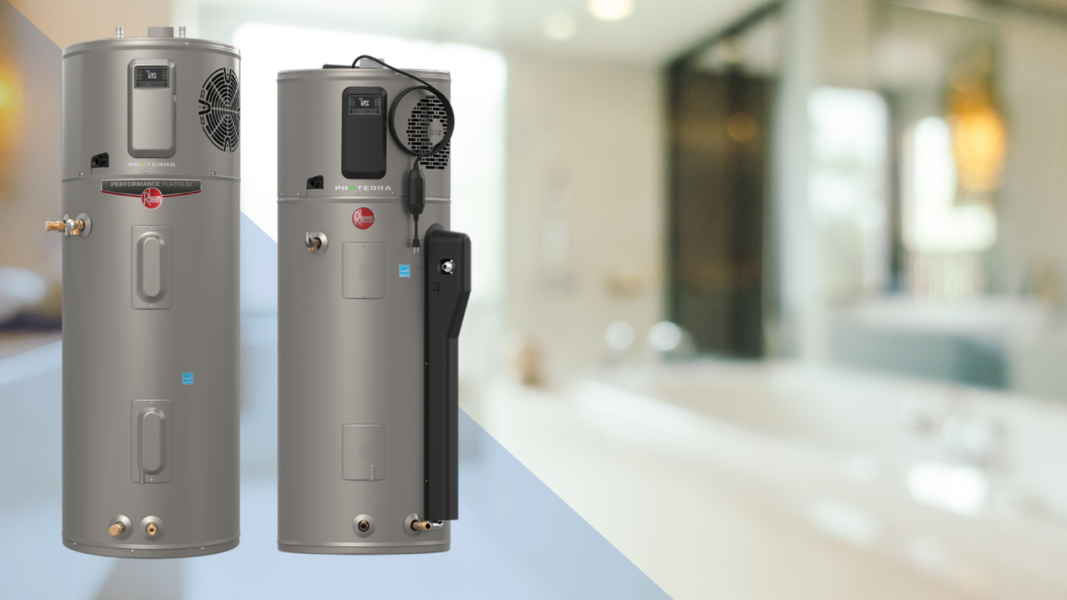 Two Rheem Heat Pump Water Heaters on a Blurry Bathroom Background